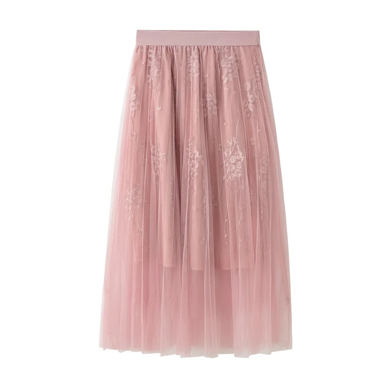 

2019 embroidery skirts A word skirt of tall waist summer fairy nets veil embroidered skirts long skirt pleated skirt