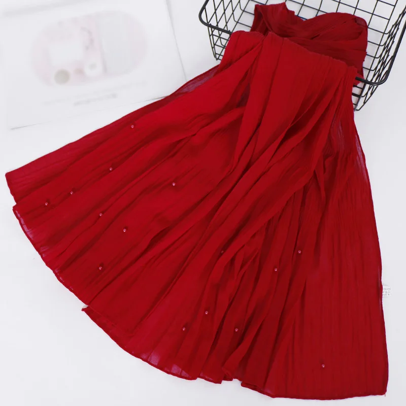 

Pure Muslim New Pearl Chiffon Stripe Skirt, Folded Scarf Fashion Malay Indonesian Wrinkled Headscarf YW97