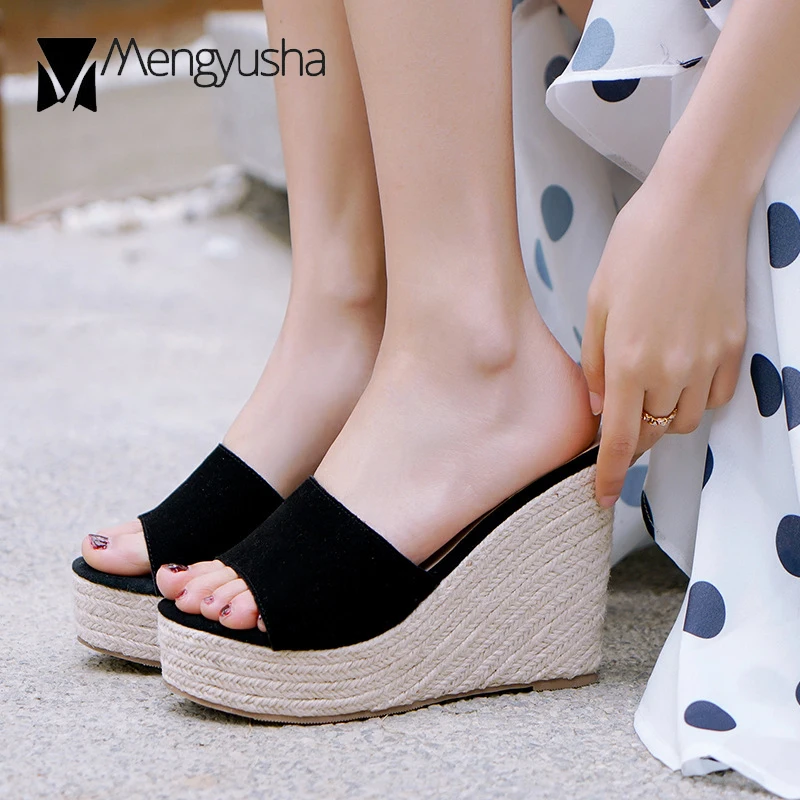 

candy color straw platform sandals women suede leather high heels slippers open toe wedges ladies summer shoes flip flops c905