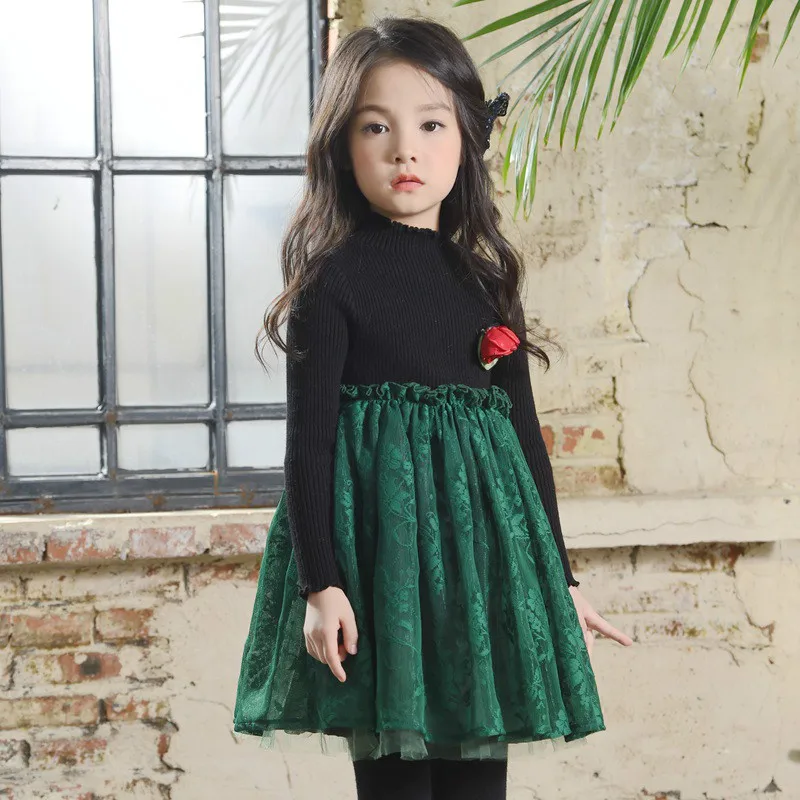 

High Quality 2017 New Baby Girls Lace Dresses Knitted Cotton Mesh Tutu Dress Autumn Winter Girl Party Vestidos 2-10Years CC580