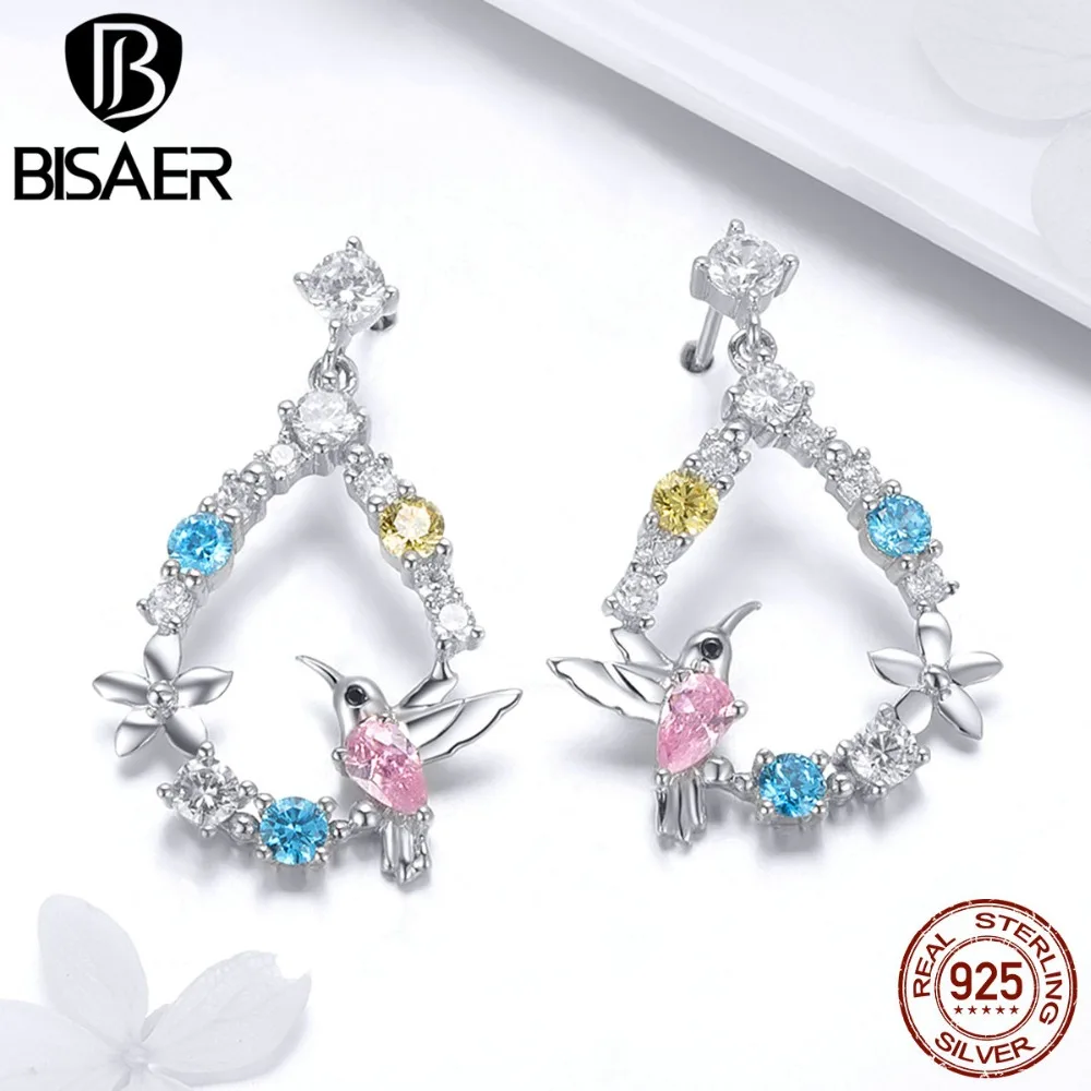 

BISAER 925 Sterling Silver Bird Hummingbirds Greeting Flower Stud Earrings Color CZ Fashion Earrings Jewelry Brincos EFE011