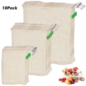 10 шт./компл. разложению органический хлопок сетчатый мешок овощей хлопковая Сетчатая Сумка фрукты мешок сетки многоразовые сумки уменьшает выбросы углекислого газа - изображение