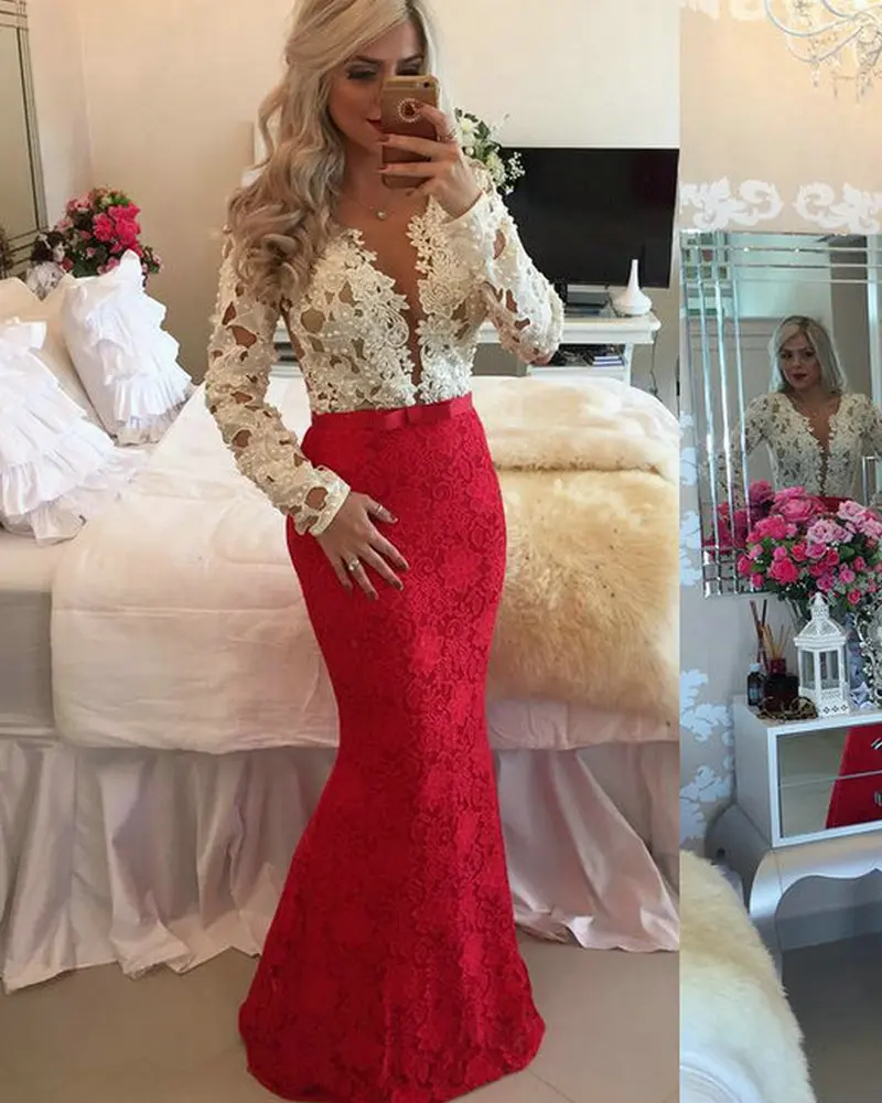 Formal Vestidos de Noche Vestidos de Rojo Borgoña Encaje Completa