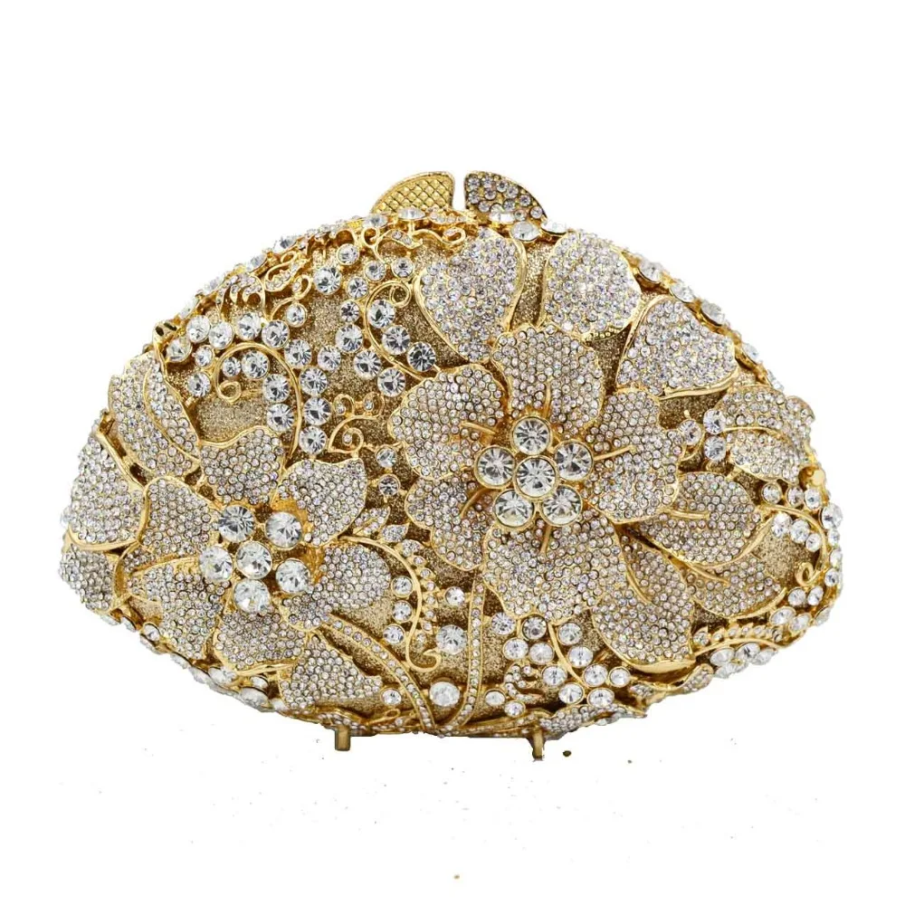 

Ladies Designer Fashion Women Party Wedding Purse Gold Silver Flower Crystal Evening Bags Female pochette Bags Wristlets SC647