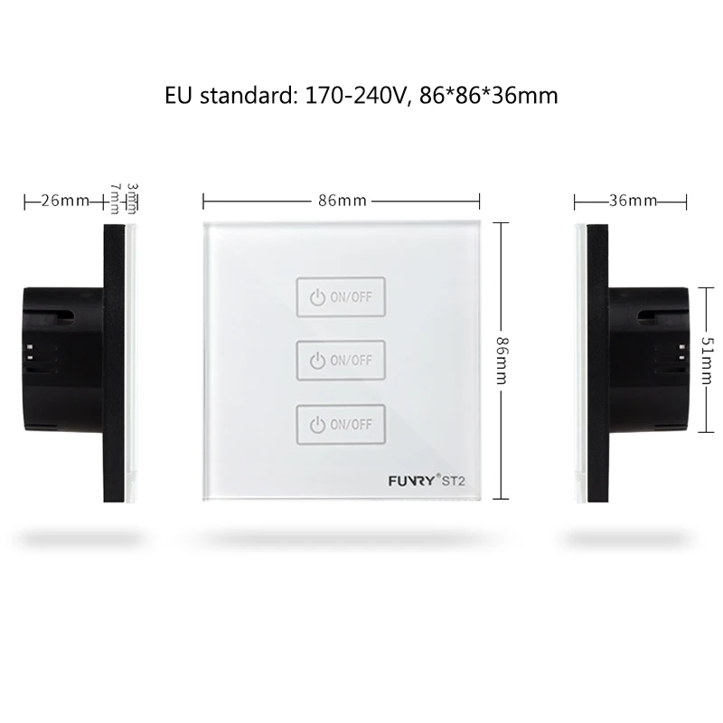 Funry ST2 3 банды ЕС Стандартный сенсорный выключатель освещение Роскошная панель из закаленного стекла 170-240 в 7-200 Вт/банда 86*86*36 мм