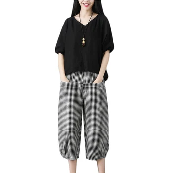 

Summer Cotton linen Suit Women Plus size Loose Short-sleeved T-shirt Wide-leg pants Two-piece Sets Womens Casual Plaid Sets F587