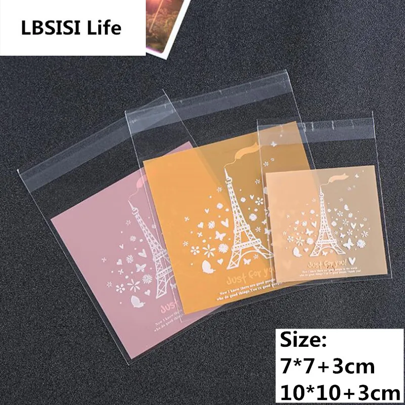 

100pcs 2Sizes Pink Eiffel Tower Self Adhesive Bag Food Chocolate Soap Cookie Bag Packaging Plastic OPP Bag Jewelry Gift Poly Bag