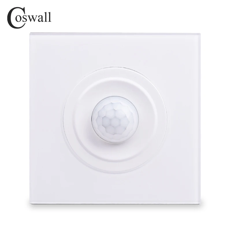 Baratos Coswall cristal templado Panel blanco sensor de movimiento del cuerpo humano interruptor de pared retardo de tiempo ajustable y distancia de inducción