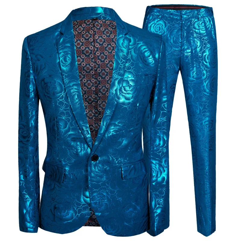 

PYJTRL Mens Stylish Shiny Blue Rose Print 2 Pieces Set Latest Coat Pant Designs Men Suits For Weddingslim Fit Singers Clothing