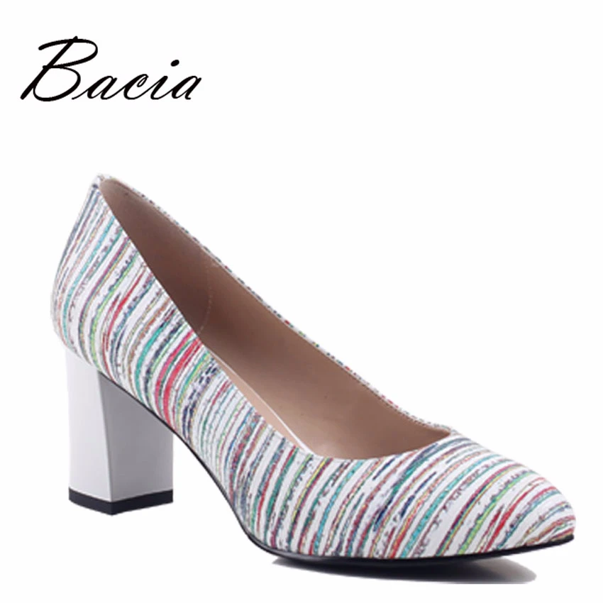 

Bacia New Thick Heel Shoes Pumps Genuine Leather Women's 4 Seasons High Heels Colorful Stripes Pumps 33-40 Russian Size