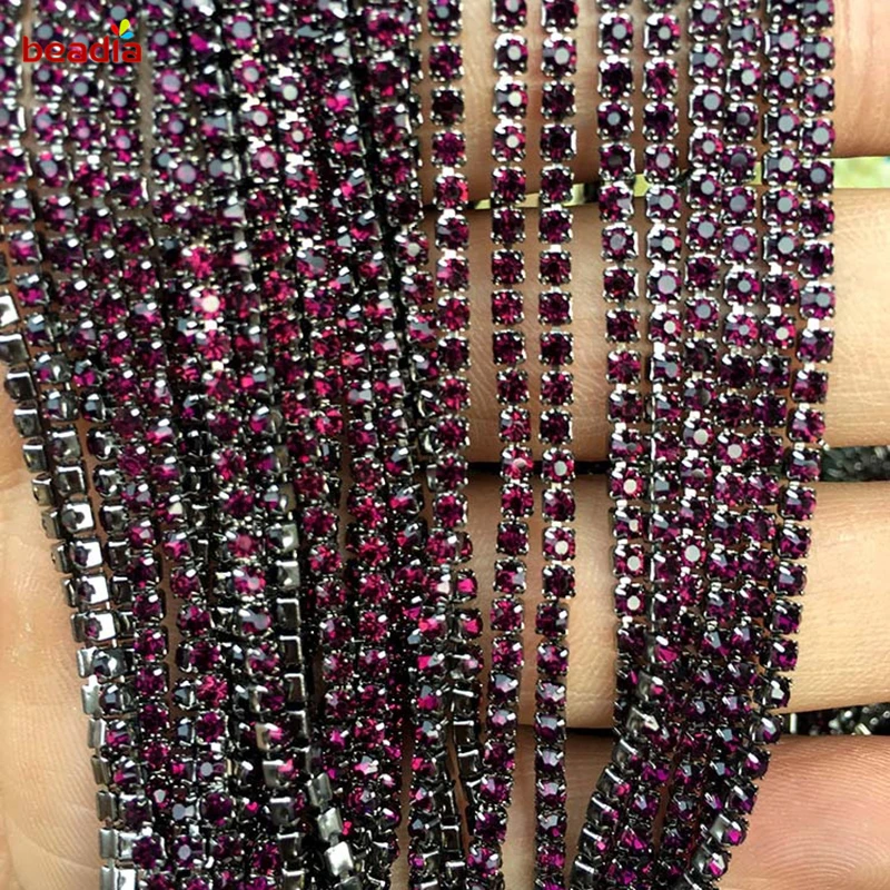 

Hot Sale 2/2.5/2.8/3mm Black Base High Density Flatback Dark Purple Rhinestone Chain For Decor Craft Sewing Clothes Accessories
