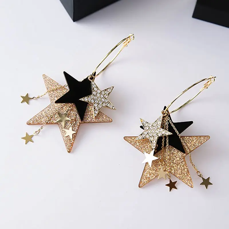 new fashionable design exaggerated multiple sequins pentagonal star tassel circle earrings