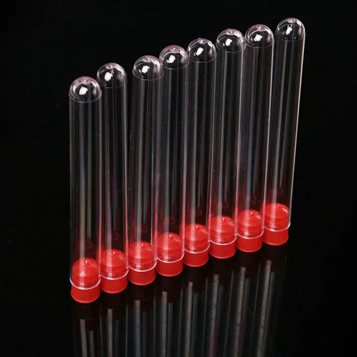 

100pcs 15x150mm Clear Plastic test tubes with blue/red stopper push cap for kind experiments and tests