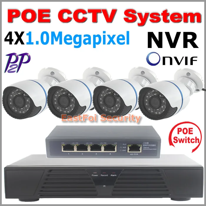 

Free shipping 4CH Onvif Full HD 48V Real PoE Switch NVR Kits 720P waterproof IP Cameras P2P Cloud Service support IE browers