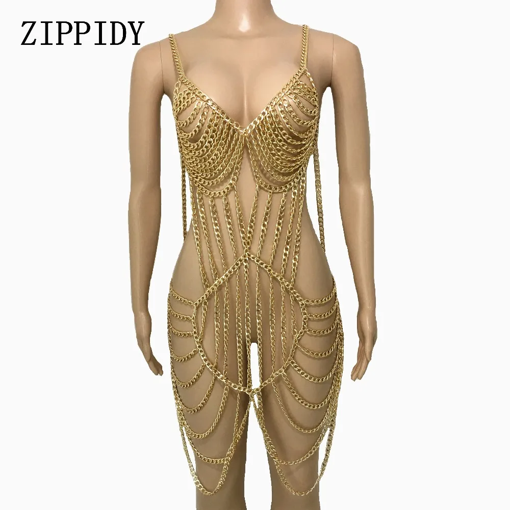 

Sexy Gold Chains Outfit Design Party Female Singer Dancer Stage Performance Show Wear Nightclub Dance Women's Costume
