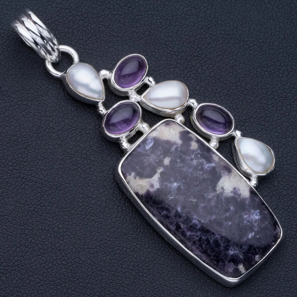 

Natural Charoite,Amethyst and River Pearl Punk Style 925 Sterling Silver Pendant 2 1/2" P0825