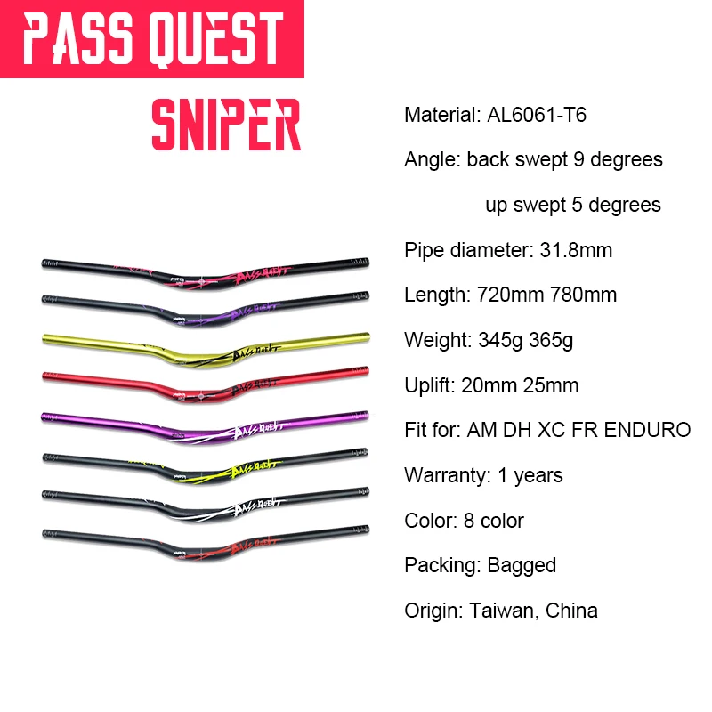 Pass Quest SNIPER руль для велосипеда 720 мм/780 мм алюминиевый сплав MTB 31,8 mmAM DH FR ENDURO руль 8 цветов