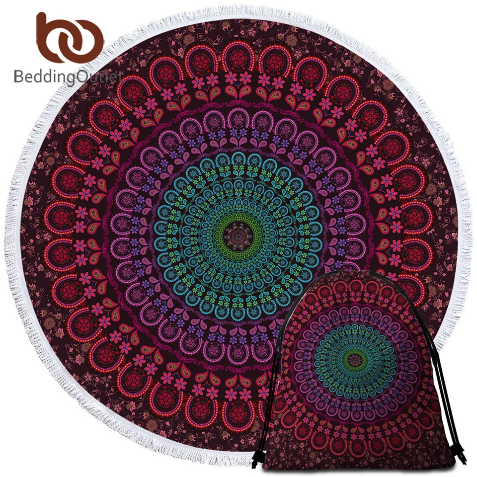 

BeddingOutlet Mandala Tapestry Boho Round Beach Towel With Tassel Purple Toalla Sunblock Blanket Bohemian Yoga Mat 150cm