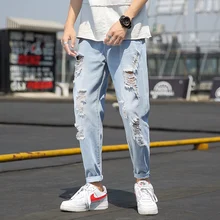 Summer Jeans Men Fashion Streetwear Ripped Jeans For Men Plus Size Light Blue Men Jeans Pants Casual Trousers Male 5XL-M