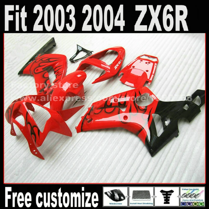 

High quality fairing kit for 2003 2004 Kawasaki ZX6R Ninja 636 black flames in red WEST ZX636 ZX-6R 03 04 Fairings set AN5