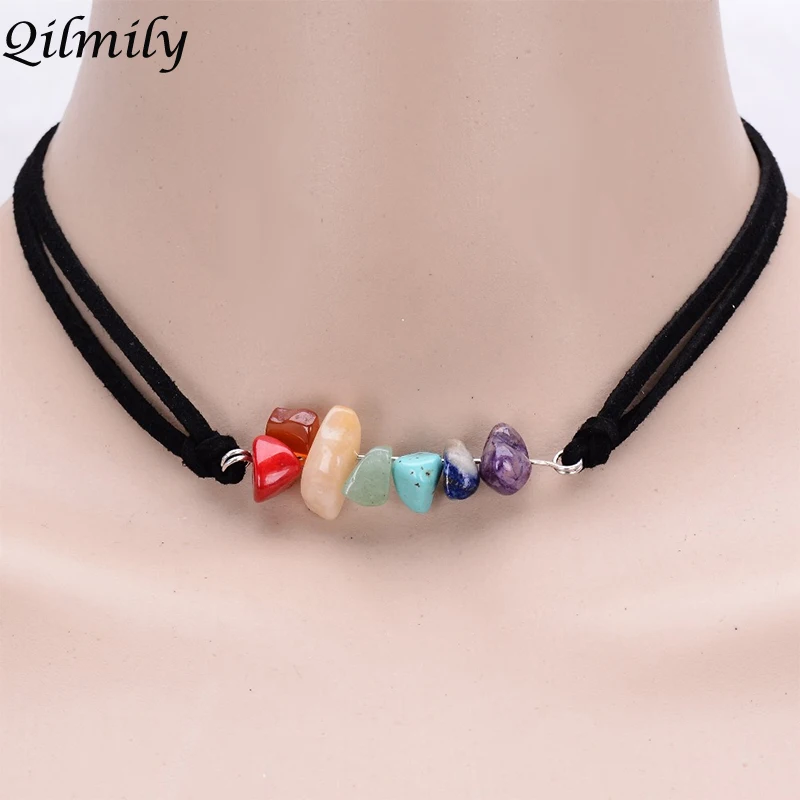 

Qilmily 7Chakra Natural Crystal Handmade Double Layer Leather Rope Choker Necklace for Woman Girl Yoga Energy Stone Jewelry Gift