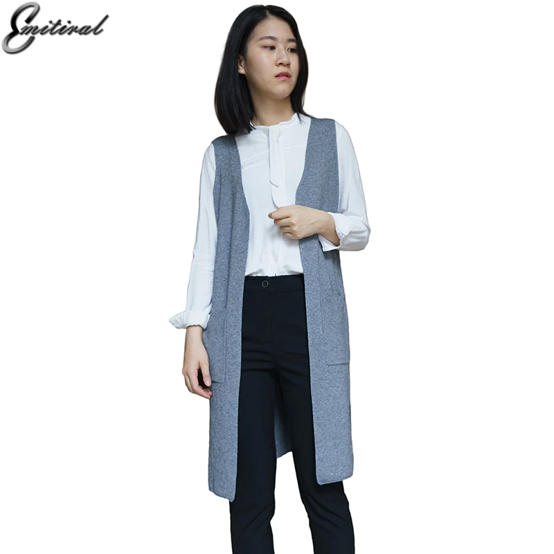 

2017 Winter Autumn Casual Long Knitted Cardigan Sleeveless Women Wool Loose Pockets Solid Sweater Oversized
