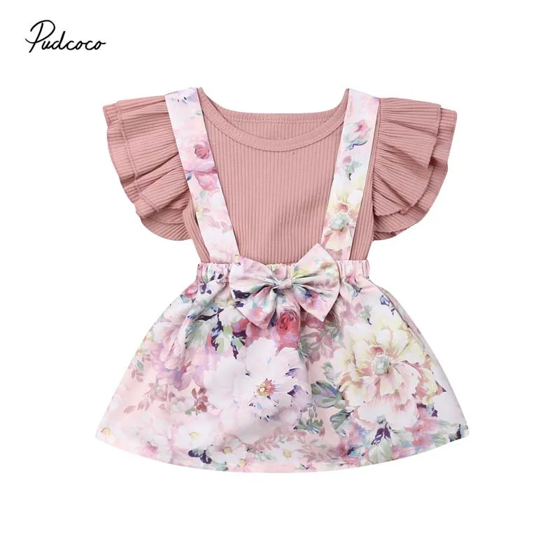

2019 Brand Toddler Kids Baby Girl Clothes Princess Butterfly Sleeve Tops Romper Bow Suspender Floral Skirt Dress 2Pcs Outfit Set
