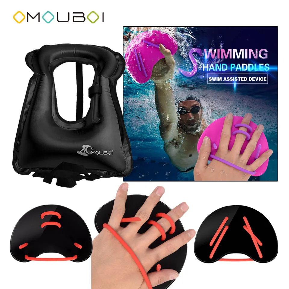 Adults Unisex OMOUBOI Swimming Security PFDs Black Swim Paddles Hand Gloves Fins With Over Head Inflatable Snorkel Rescue Vest | Спорт и