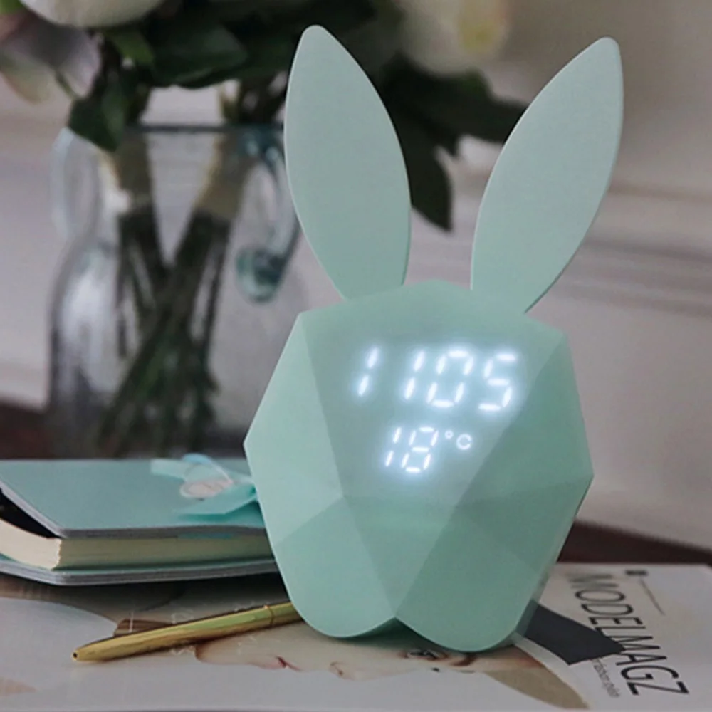 

LED Night Light Thermometer Rechargeable Table Clocks Cute Rabbit Digital mechanical Sound Sensitive Alarm Clock Home Decoration