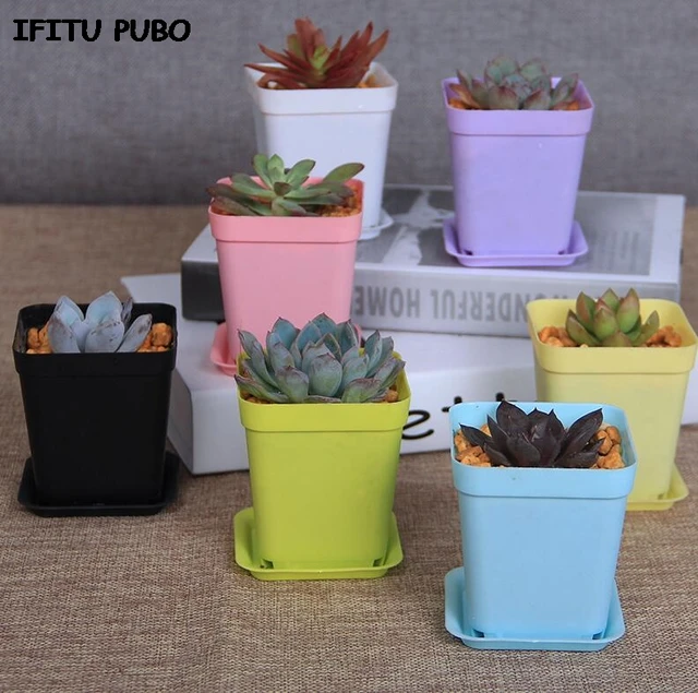 New 10pcs/pack FlowerPot Square Plastic Planter Nursery Garden Desk Home Decor Candy Color 7 Random Colors free shipping GYH