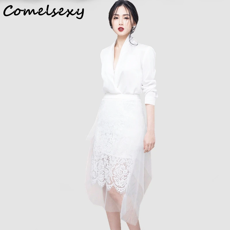 

Comelsexy Runway Spring Skirt Suits Fashion White Sexy Deep V Neck Shirt Women Suits + Irregular Mesh Patchwork Lace Skirt Suits