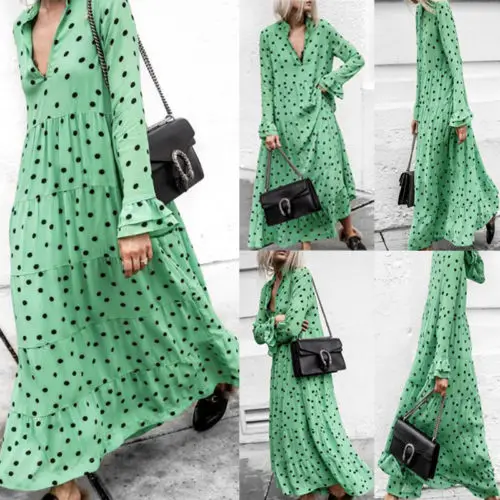 

Boho Women Long Sleeve Evening Party Oversized Long Dress 2018 New Fashion Loose V-Neck Polka Dot Maxi Dress Plus Size S-3XL