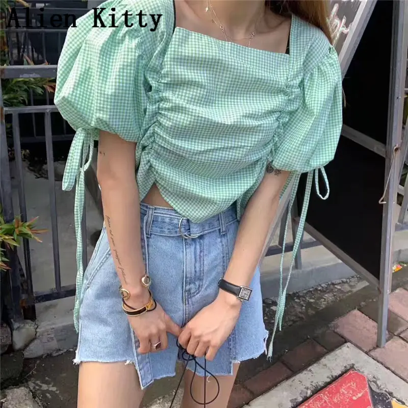 

Alien Kitty Summer Plaid Fresh Drawstring Simple Sexy Square Collar Pleated Tops Female Sweet Puff Sleeves Casual Free Shirt
