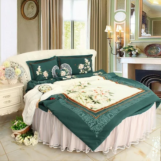Sale LACE ROUND Corner Bed Europe Orange color Flower Bedding sets Cotton Round Double Bed sheet Duvet cover Pillow case Bedskirt 15