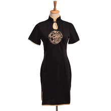 Vintage Chinese Dragon Embroidery Black Lolita Cheongsam Girls Rock Punk Gothic Qipao Slim Dress