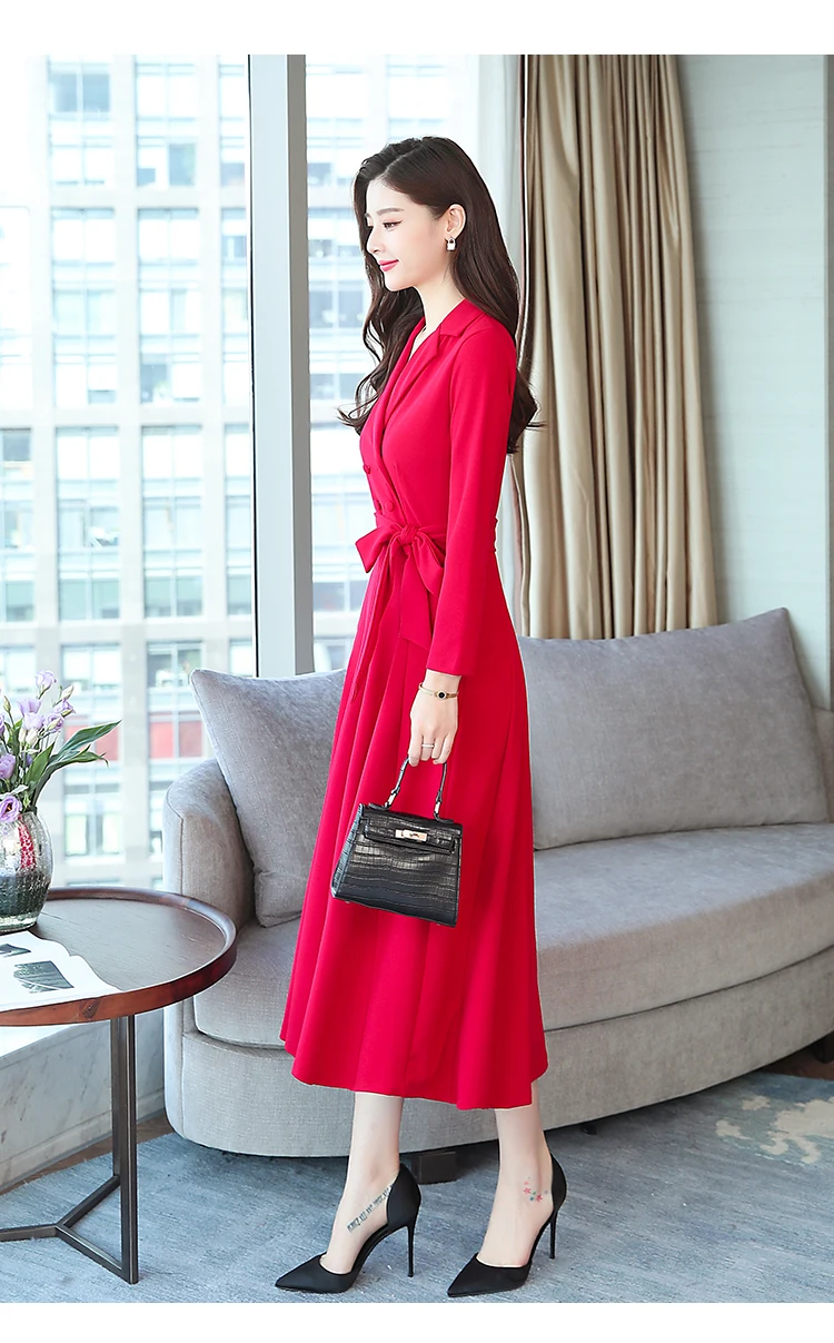 9779 Women Dresses Evening Party Autumn Winter Women Dress Long Sleeve Plus Size V-neck Red Black Office Maxi Dress Elegant 2018 2