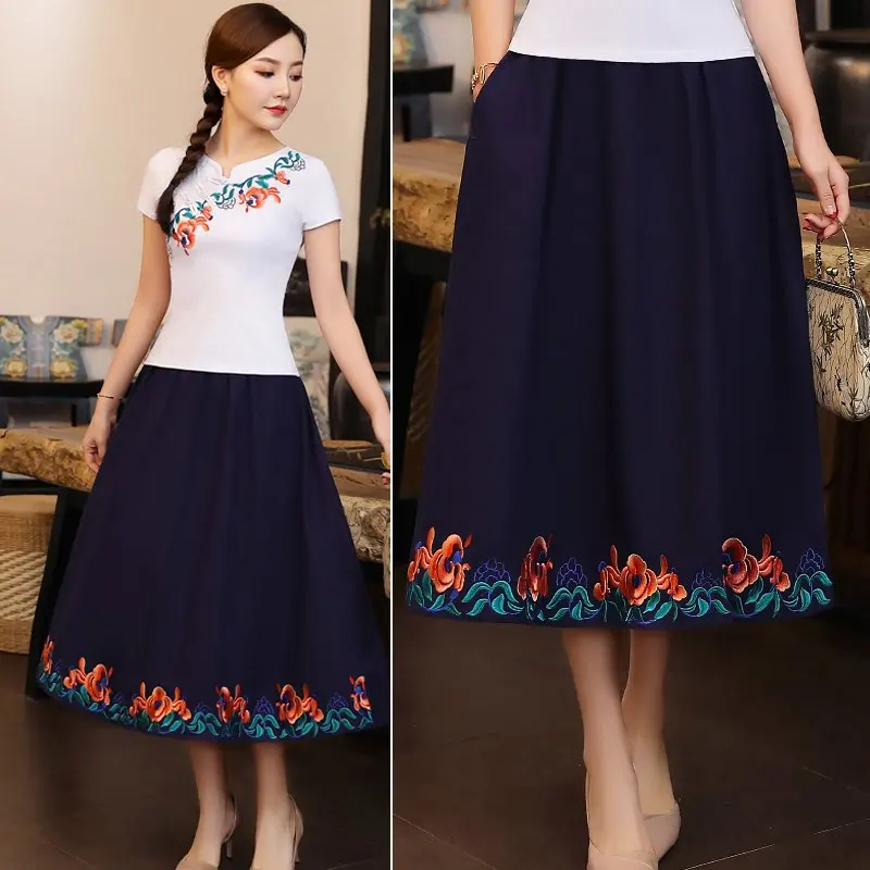 only skirt KYQIAO faldas mujer moda jupe femme женская осенняя Весенняя Мехико стиль этнический дизайн длинная Черная синяя красная юбка с вышивкой - Цвет: only skirt