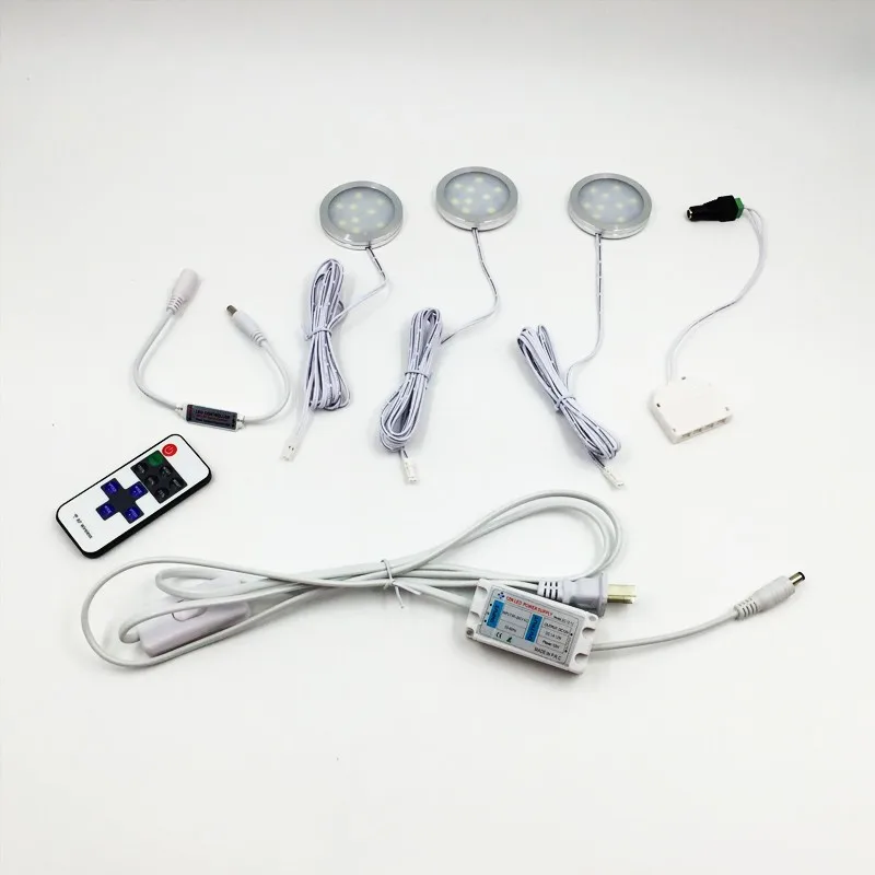 

LED Under Cabinet Light Kits,LED Puck DownLights DC12V 3W+Power Supply with EU US Plug Power Cord+Remote Dimmer Controller
