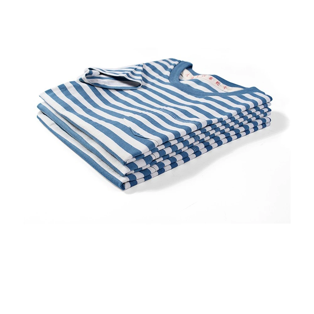 Summer round neck men's short-sleeved striped t-shirt retro college wind navy sailor blue and white striped loose casual top Summer round neck men's short-sleeved striped t-shirt retro college wind navy sailor blue and white striped loose casual top