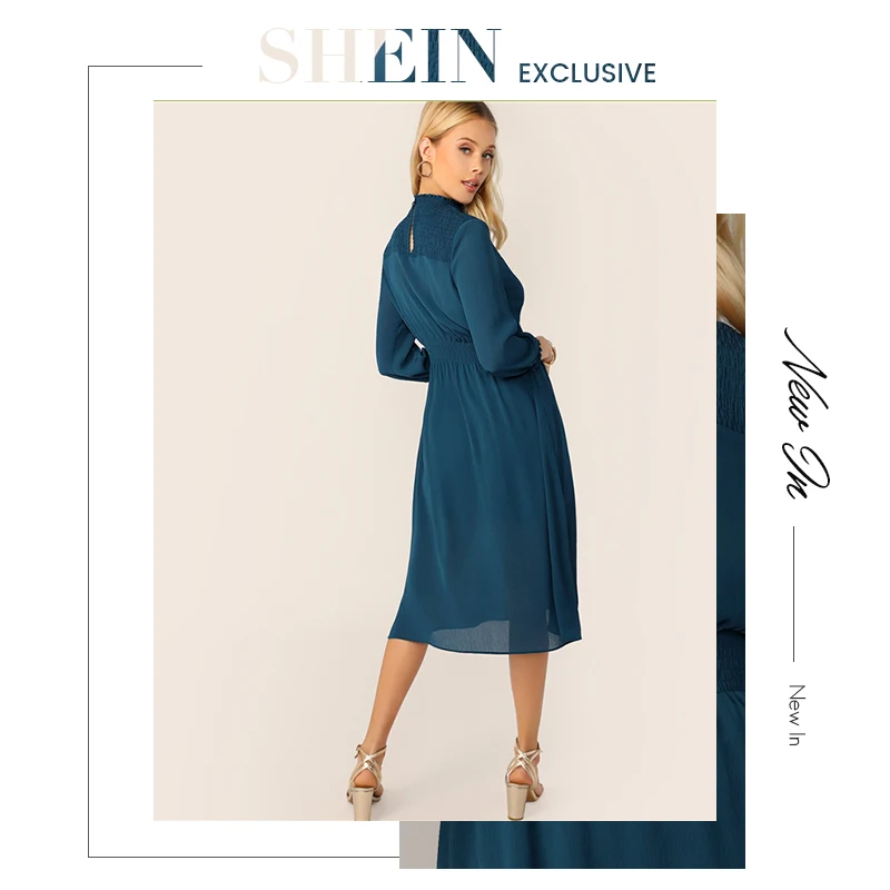 SHEIN Стильное Платье Со Стоячим Воротником Женское Синее Классическое Платье С Длинными Рукавами