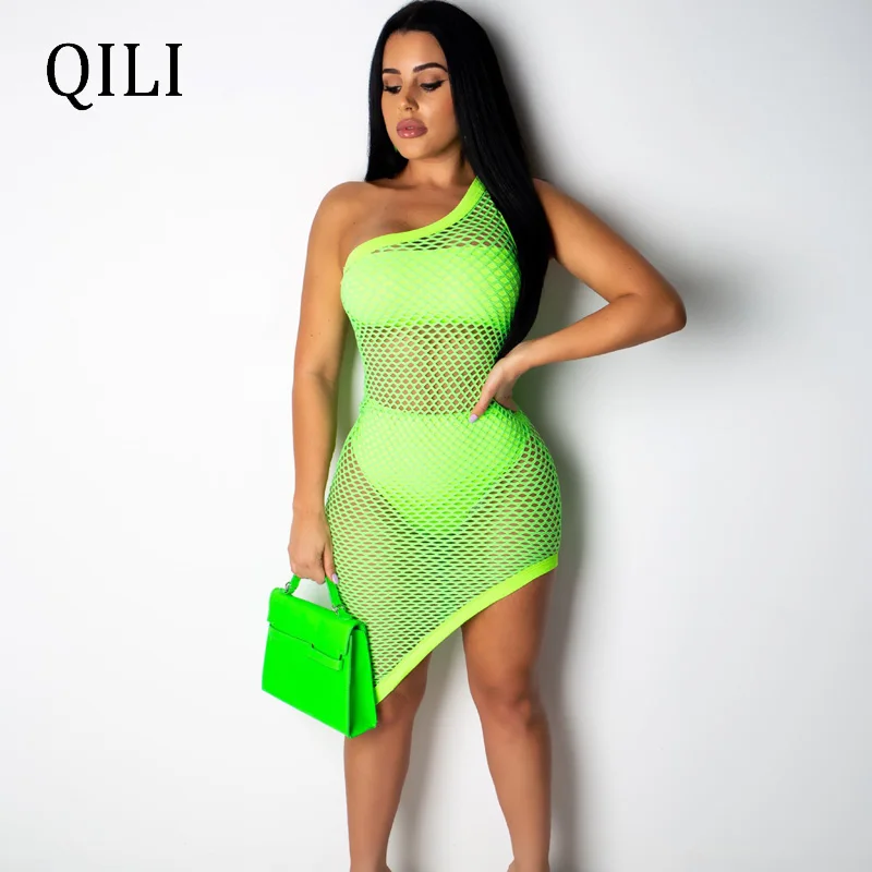 

QILI Plaid Mesh 3 Piece Set Women Dress One Shoulder Sexy Asymmetrical Mini Summer Dresses See Through Dress Three Piece Sets