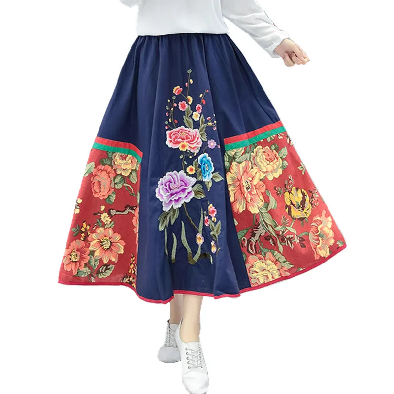 Traditional Chinese Skirts Women Autumn Vintage High Waist Skirts Ladies Ethnic Floral Patchwork