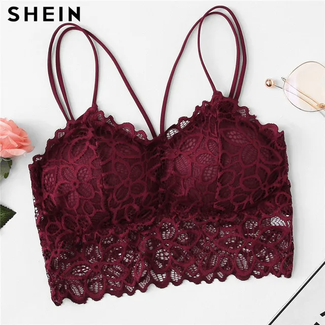 Buy SHEIN Burgundy Sexy Eyelash Lace Women Bralette