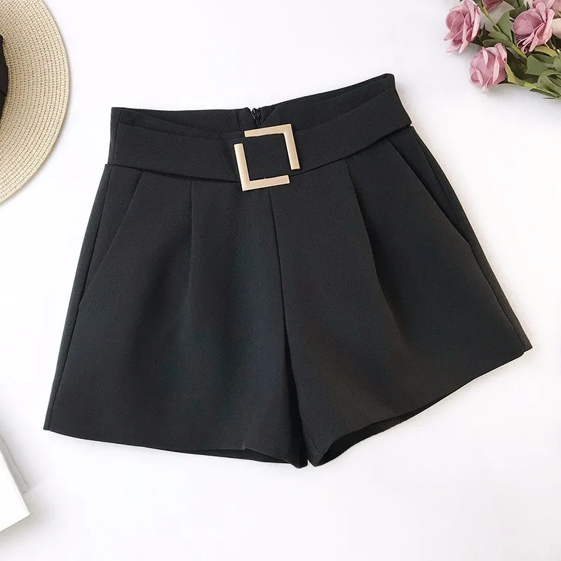 

GUMPRUN 2019 Women High Waist Casual Shorts Summer Temperament Wild Loose Belt Shorts Womens Loose Office Solid Color Shorts