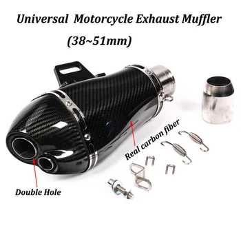 FIRE TORCH Universal 38~51mm Double Hole Motorcycle Exhaust Muffler Modified Real Carbon fiber For Z900 CBR500 GSXS750 Dirt Bike