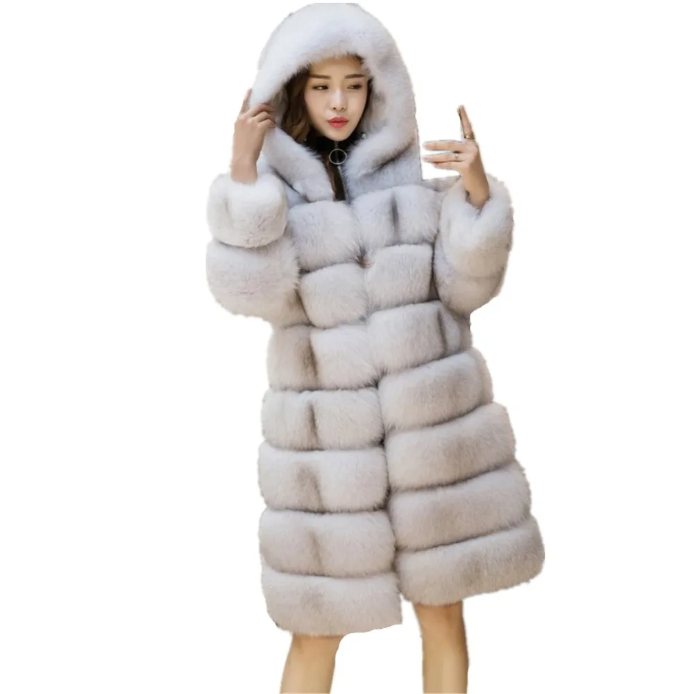 

Lisa Colly Women Faux Fur Coat jacket Long Faux Fox Fur Coat Overcoat Winter Artifical Fur Coat With Hooded Thick Furs Coat