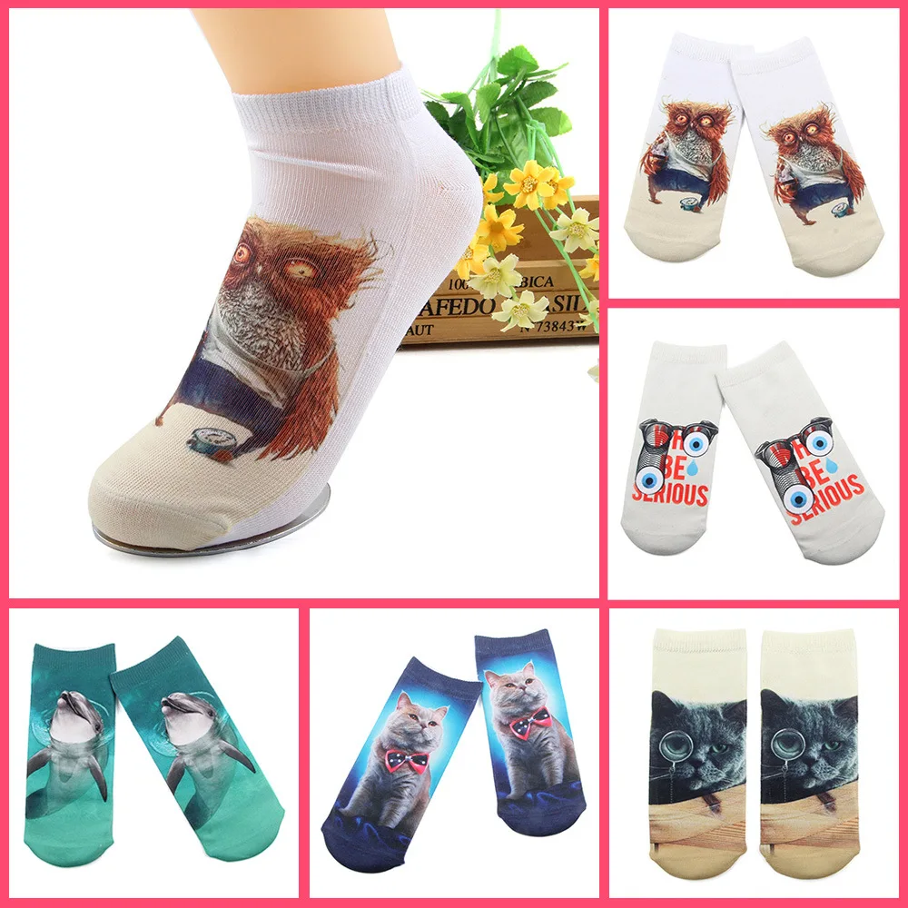 Забавные Женские носочки с 3D принтом, носки в европейском и американском стиле, модные носки со слоном, пандой, птицей, попугаем, Кроликом, жирафом, павлином