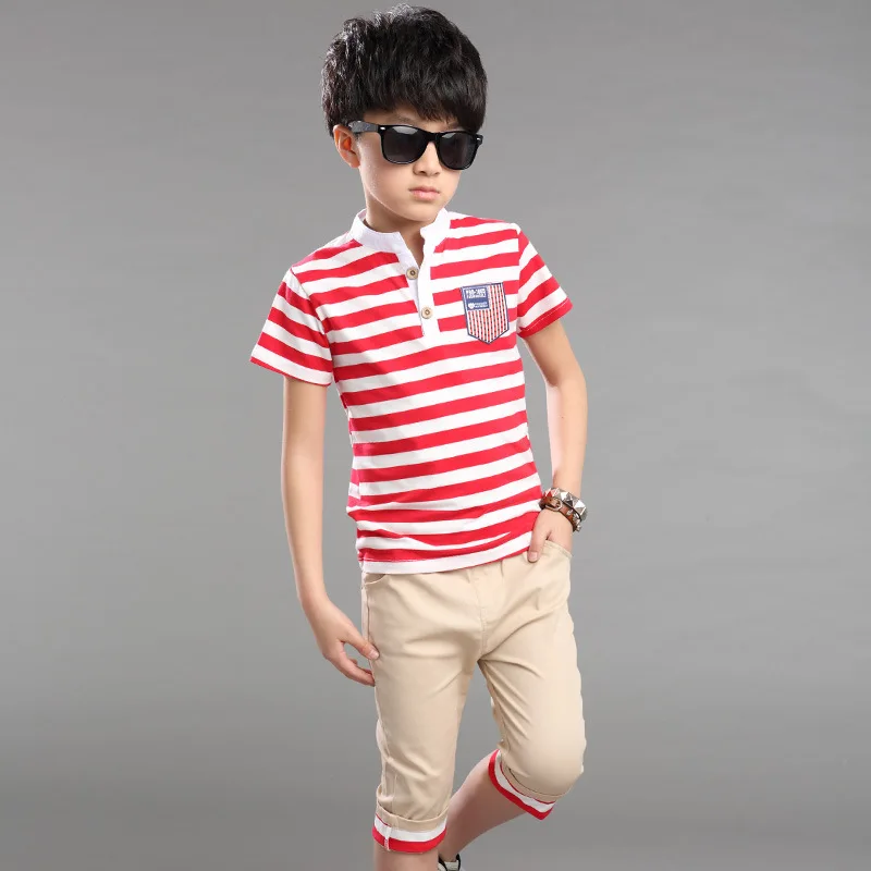 

Children wear striped cotton t-shirt summer 2017 boys two piece short sleeve embroidered logo t-shirts + pants 2 pcs sets