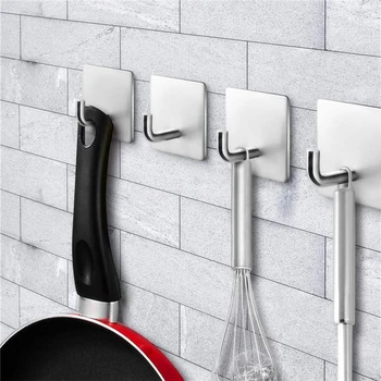 

4pcs modern style punch-free stainless steel long straight handle glue hook hook bathroom decoration #4J05