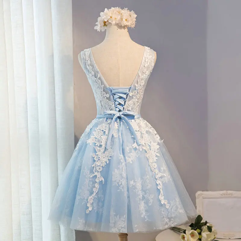 Светло-голубое кружевное короткое платье на выпускной Тюлевое кружевное платье-трапеция с аппликацией Коктейльное платье Вечернее платье на выспускной